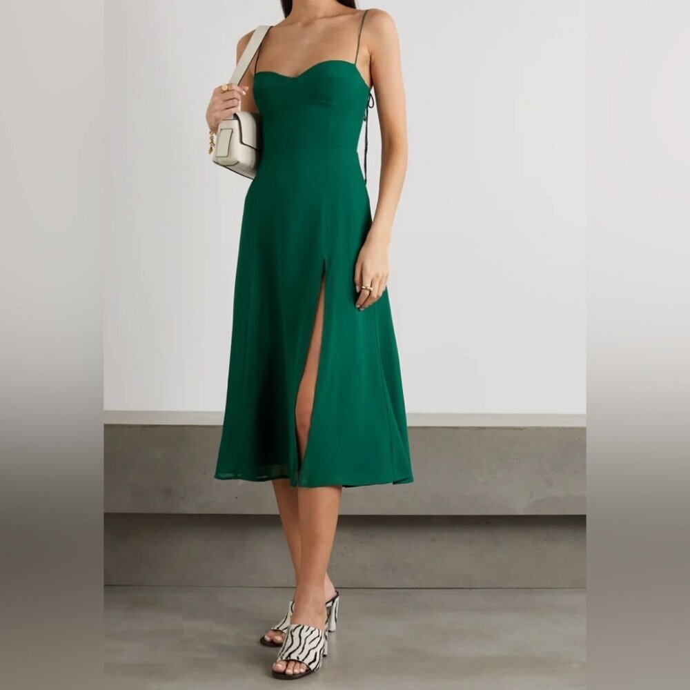 NEW Reformation Juliette Dress in Emerald Dark Green Side Slit | size 4 - Picture 4 of 9